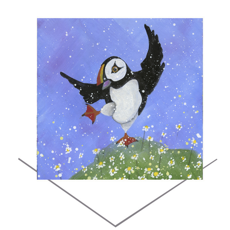 Puffin Dancing with the Daisies Greeting Card