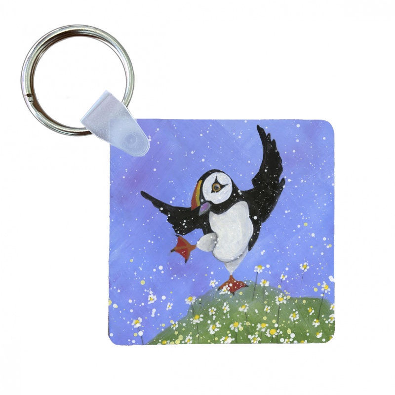 Puffin Dancing in the Daisies -  Keyring