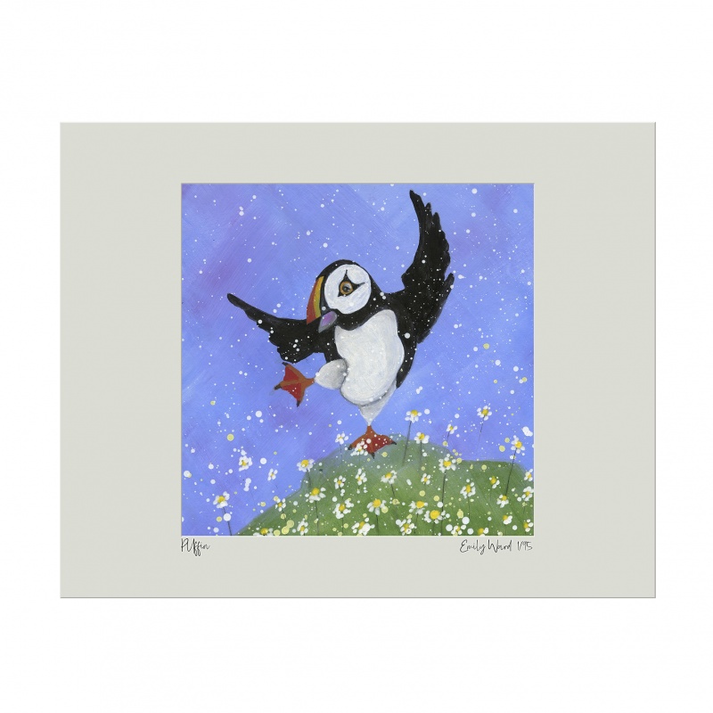 Puffin Dancing in the Daisies Limited Edition Print with Mount