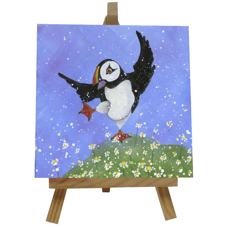 Puffin Dancing in the Daisies Tile with Easel