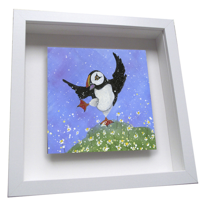 Puffin Dancing with the Daisies Framed Tile